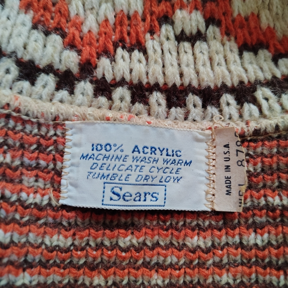 70s Vintage Cardigan Jacket Medium Large Tie Belted Waist Aztec Southwest Orange - Picture 6 of 8